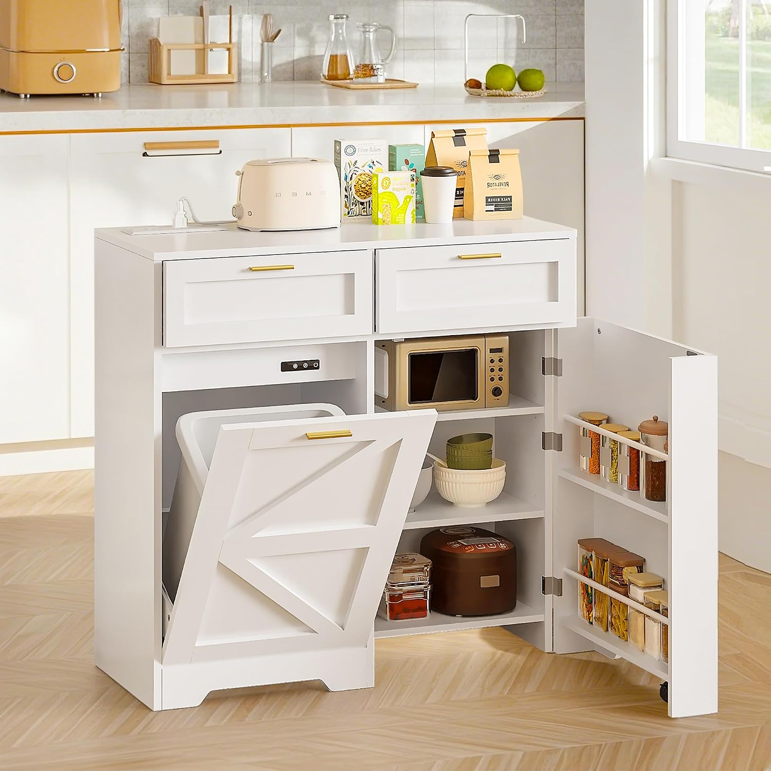 VECELO Tilt Out Trash Cabinet with Storage 9 Gallon Cabinet Trash Can with 2 Drawers, Free Standing Recycling Trash Can Storage with Ozone Generator/Charging Station, Pet Proof, White