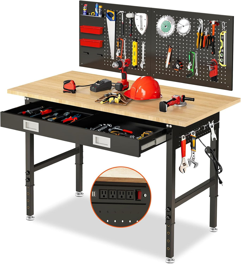 60' Heavy Duty Workbench for Garage with Drawers Rubberwood Tabletop Work Table with Pegboard, Power Outlets Adjustable Height Work Bench for Office, Home, Woodworking Shop