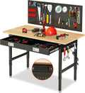 60' Heavy Duty Workbench for Garage with Drawers Rubberwood Tabletop Work Table with Pegboard, Power Outlets Adjustable Height Work Bench for Office, Home, Woodworking Shop