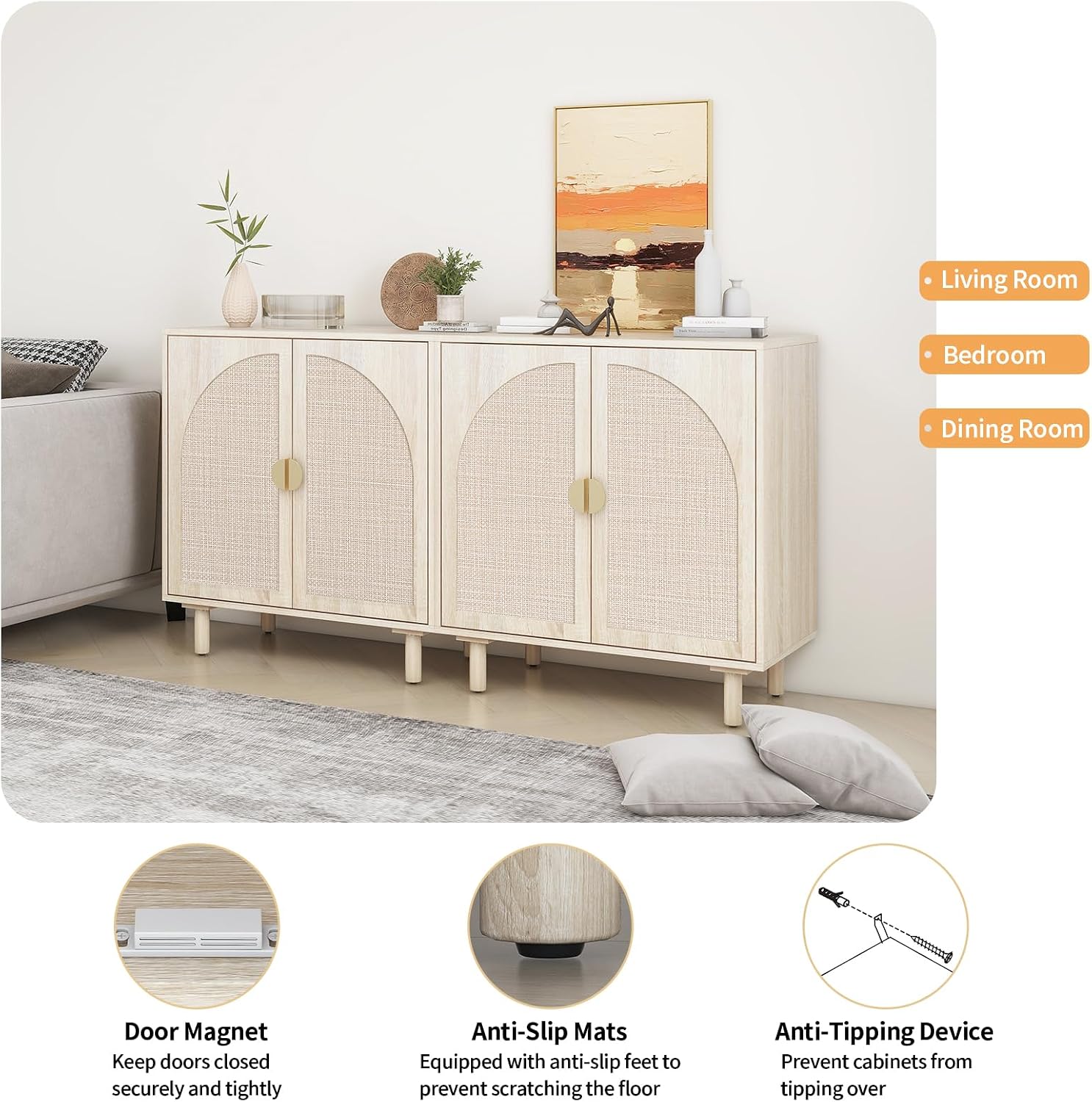 vistavie Rattan Buffet 2 Door Cabinet with Storage, Sideboard Storage Cabinet with Solid Pine Legs, Accent Wood Cabinet for Living Room, Dining Room, Kitchen (Natural, Set 2)