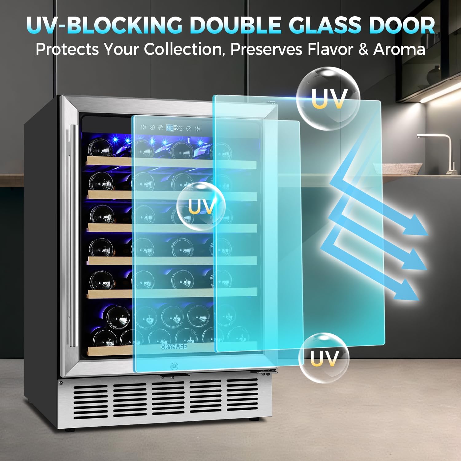 ORYMUSE 24 Inch Wine Fridge, 54 Bottle Wine Cooler Refrigerator with Stainless Steel Glass Door, LED Display, Upgraded Compressor, Built-In or Freestanding for Home Bar Kitchen
