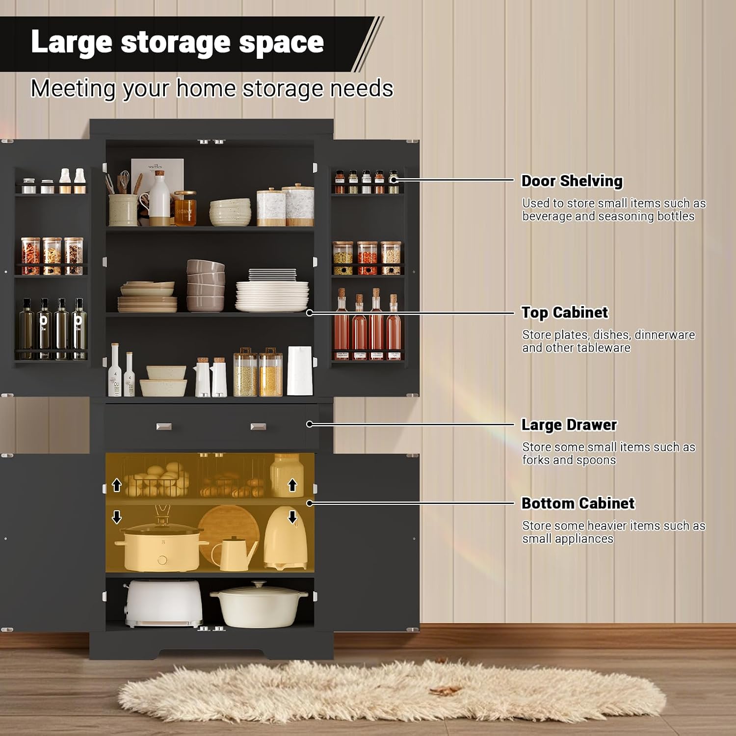 GarveeHome 72' Kitchen Pantry Cabinet, Freestanding Tall Storage Cabinet with 6 Door Shelves, 4 Adjustable Shelves and 1 Drawer, for Kitchen, Living Room, Dining Room, Black
