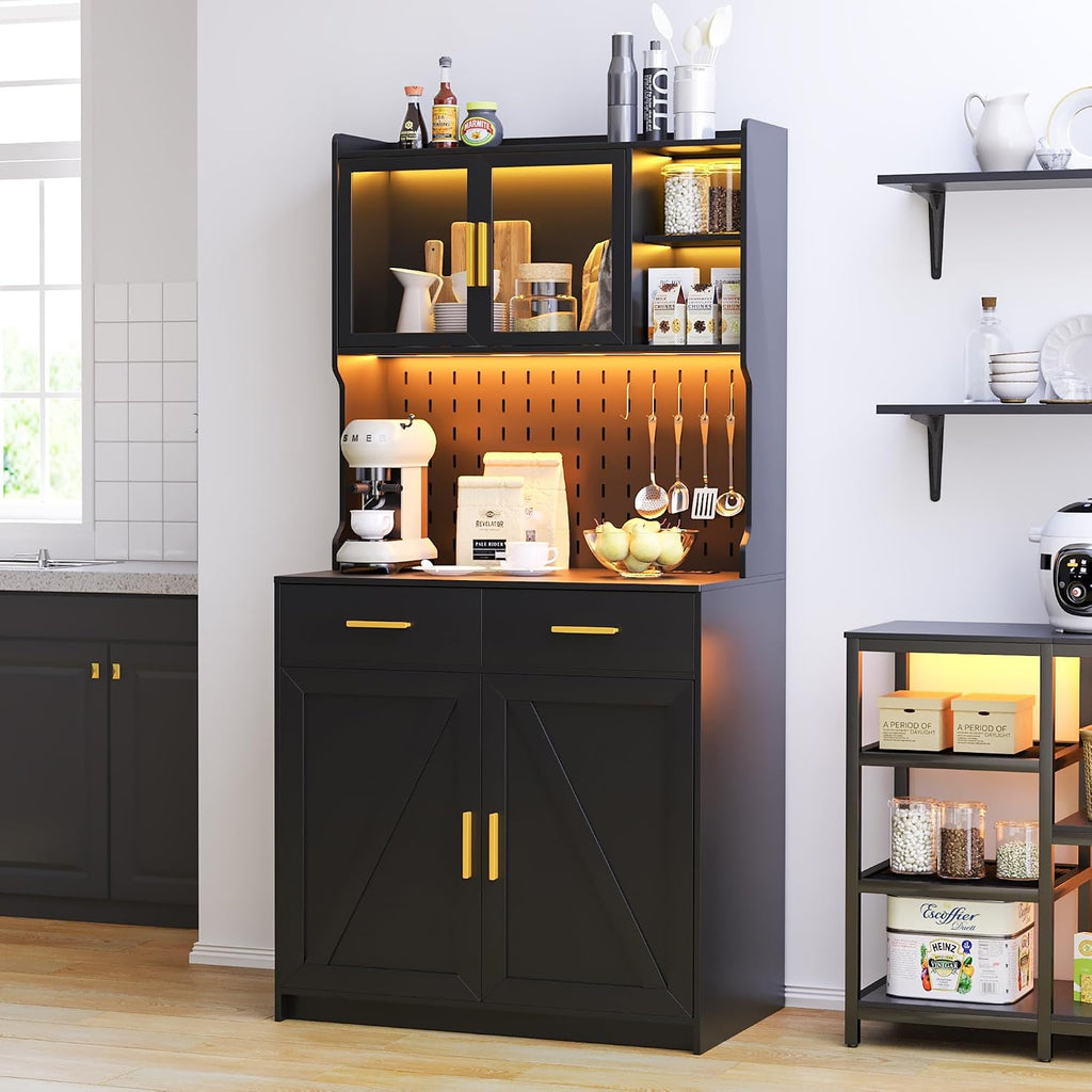 LED Kitchen Pantry Cabinet with Outlets, Farmhouse Storage Cabinet with Drawers & Adjustable Shelves, 64' Tall Cupboard with Pegboard & Hooks for Dining Room, Living Room