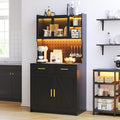 LED Kitchen Pantry Cabinet with Outlets, Farmhouse Storage Cabinet with Drawers & Adjustable Shelves, 64' Tall Cupboard with Pegboard & Hooks for Dining Room, Living Room
