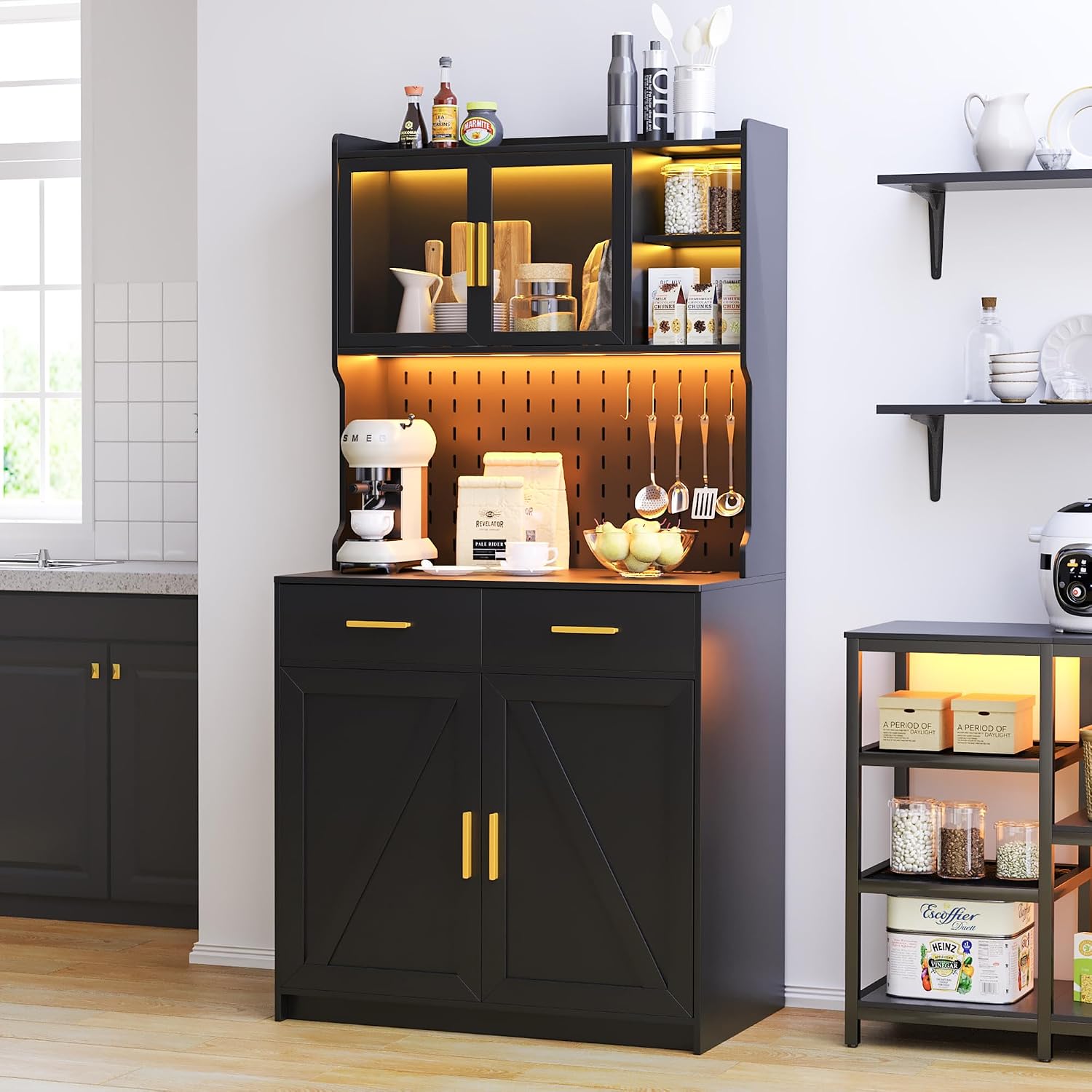 LED Kitchen Pantry Cabinet with Outlets, Farmhouse Storage Cabinet with Drawers & Adjustable Shelves, 64' Tall Cupboard with Pegboard & Hooks for Dining Room, Living Room