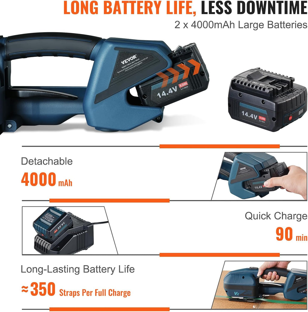 VEVOR Electric Strapping Machine, for 0.35'-0.63' PP PET Straps, Portable Electric Banding Tool with Digital Display, 2 x 4000mAh Battery Powered Automatic Strapping Tool for Packaging Box Pallet