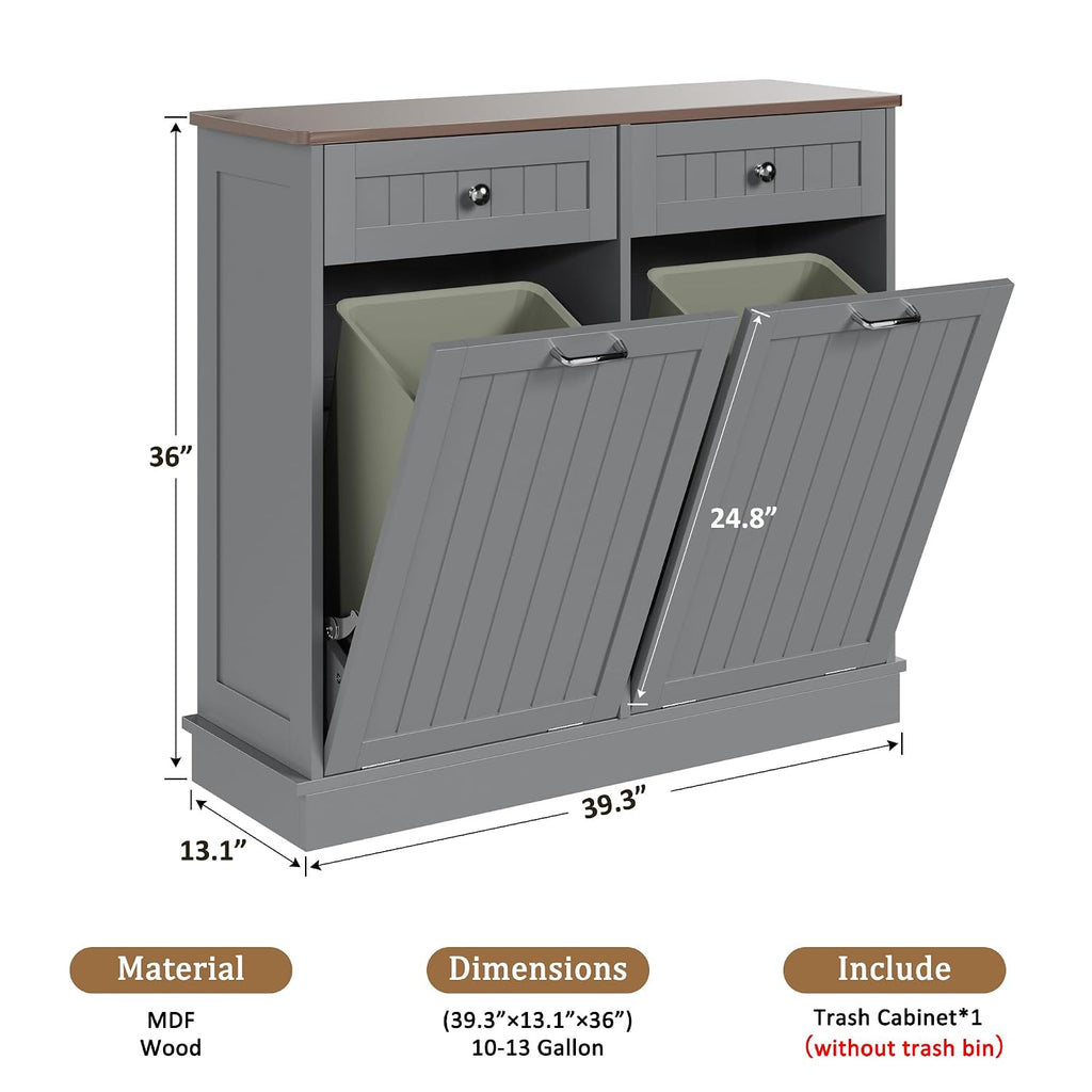 KIGOTY Double Tilt Out Trash Can Cabinet, 20 Gallon Hidden Trash Storage Cabinet with 2 Hideaway Drawers, Freestanding Trash Can for Kitchen, Wooden Laundry Hamper Cabinet, Pet Proof (Grey)