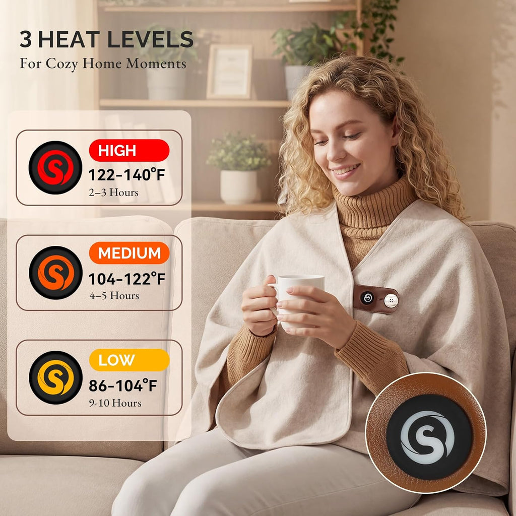 SAVIOR HEAT Heated Blanket Battery Operated 10,000mAh 3 Heat Settings Cordless Portable Wearable Electric Blanket Heated Shawl for Neck & Shoulder Camping Office Home Use Car Travel Fishing