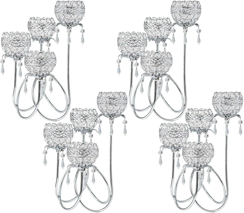 4 Arms Crystal Candelabra Tealight Holder - Tall 15.7 Inch Elegant Centerpiece with Crystal Pendant Bowls & Artistic Metal Stand for Wedding, Dining Table, Home Decor (4, Silver)