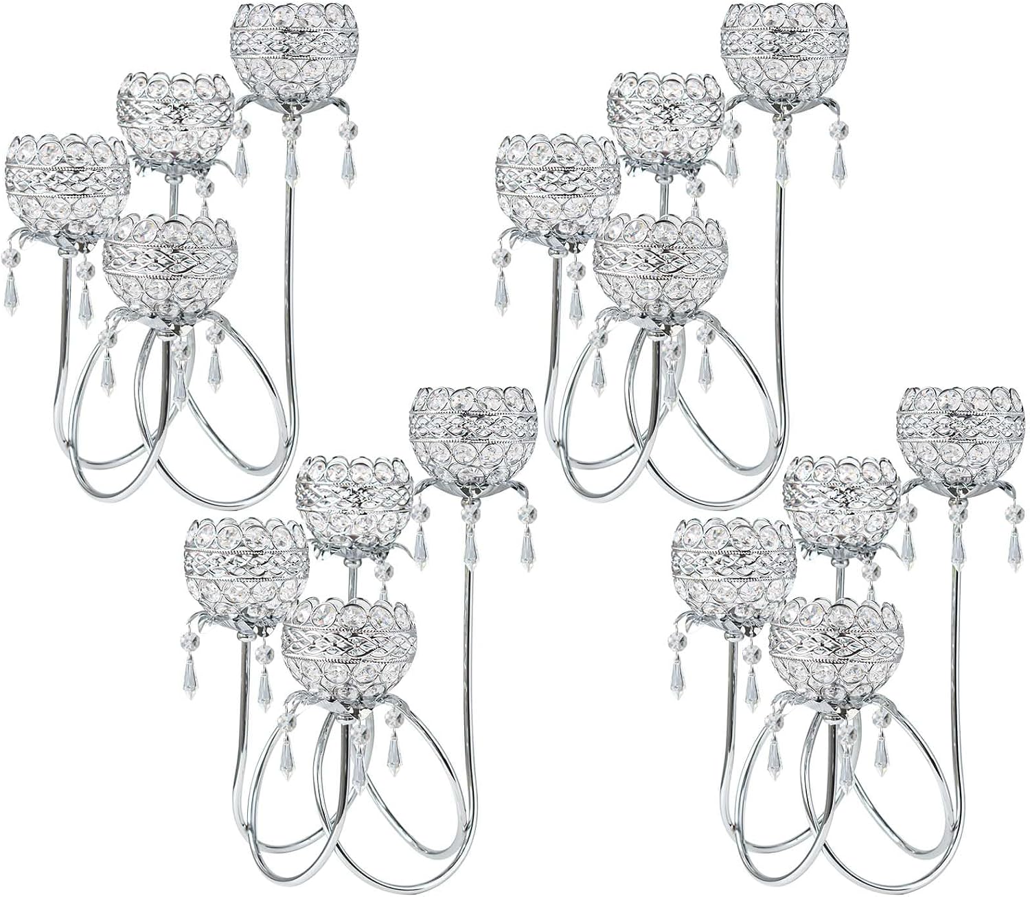4 Arms Crystal Candelabra Tealight Holder - Tall 15.7 Inch Elegant Centerpiece with Crystal Pendant Bowls & Artistic Metal Stand for Wedding, Dining Table, Home Decor (4, Silver)