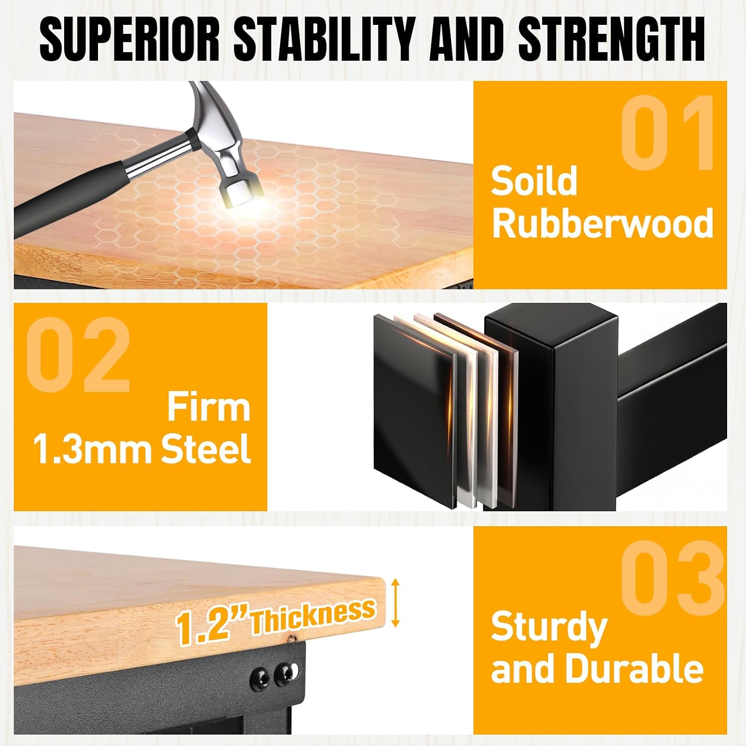 Height Adjustable Workbench 60'×22' Heavy Duty Work Table 2000 LBS Load Capacity Rubber Wood Work Station with Power Outlet & Pegboard for Garage, Office, Workshop, Home, Party Shop