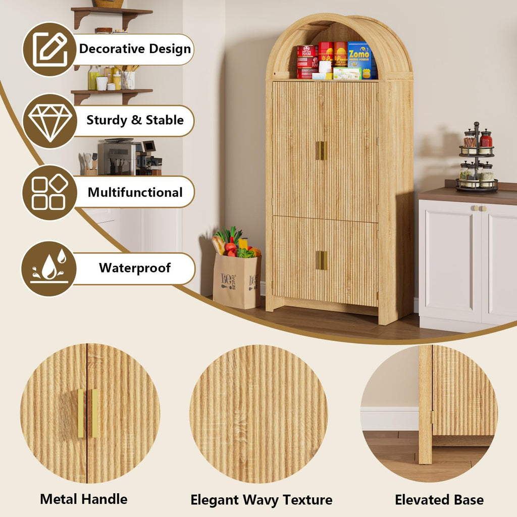 Arched Cabinet, 71' Tall Arched Kitchen Pantry Storage Cabinet with Doors, Modern Fluted Kitchen Storage Cabinet with Adjustable Shelves, Natural Cupboard for Kitchen, Dining Room, Bathroom