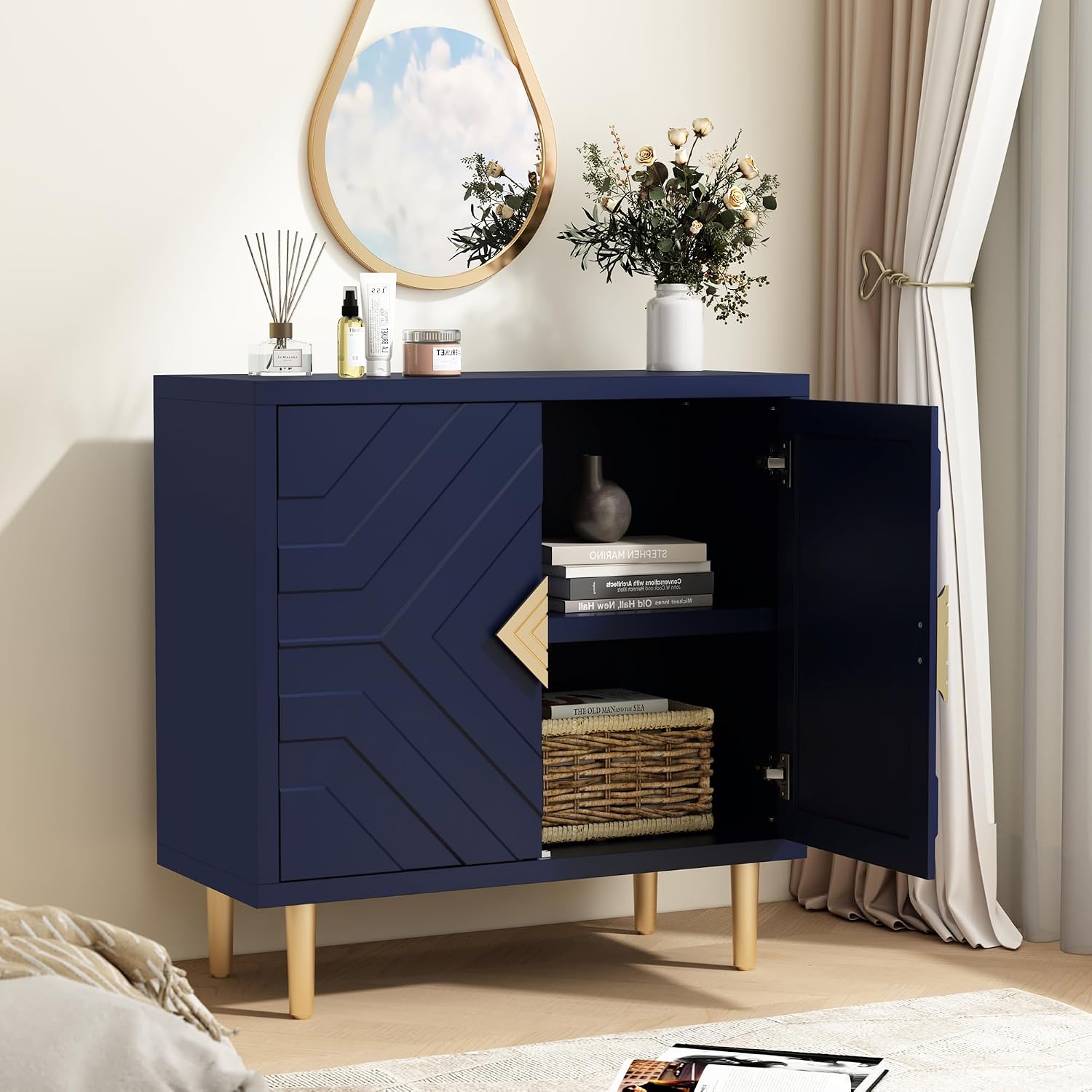 HLR Sideboard Storage Cabinet with 2 Doors, Accent Cabinet with Decorative Embossed Pattern Doors, Sideboard Buffet for Living Room, Kitchen, Dining Room, Hallway