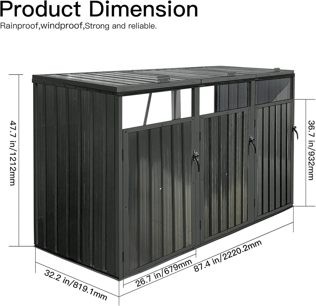 Garbage Can Storage Shed for 3 Trash Bins Outdoor Metal Bin Enclosure with Lockable Doors and Ventilation Weather-Resistant Steel Trash Can Hideaway with Lid and Spring Design for Patio Backyard Black