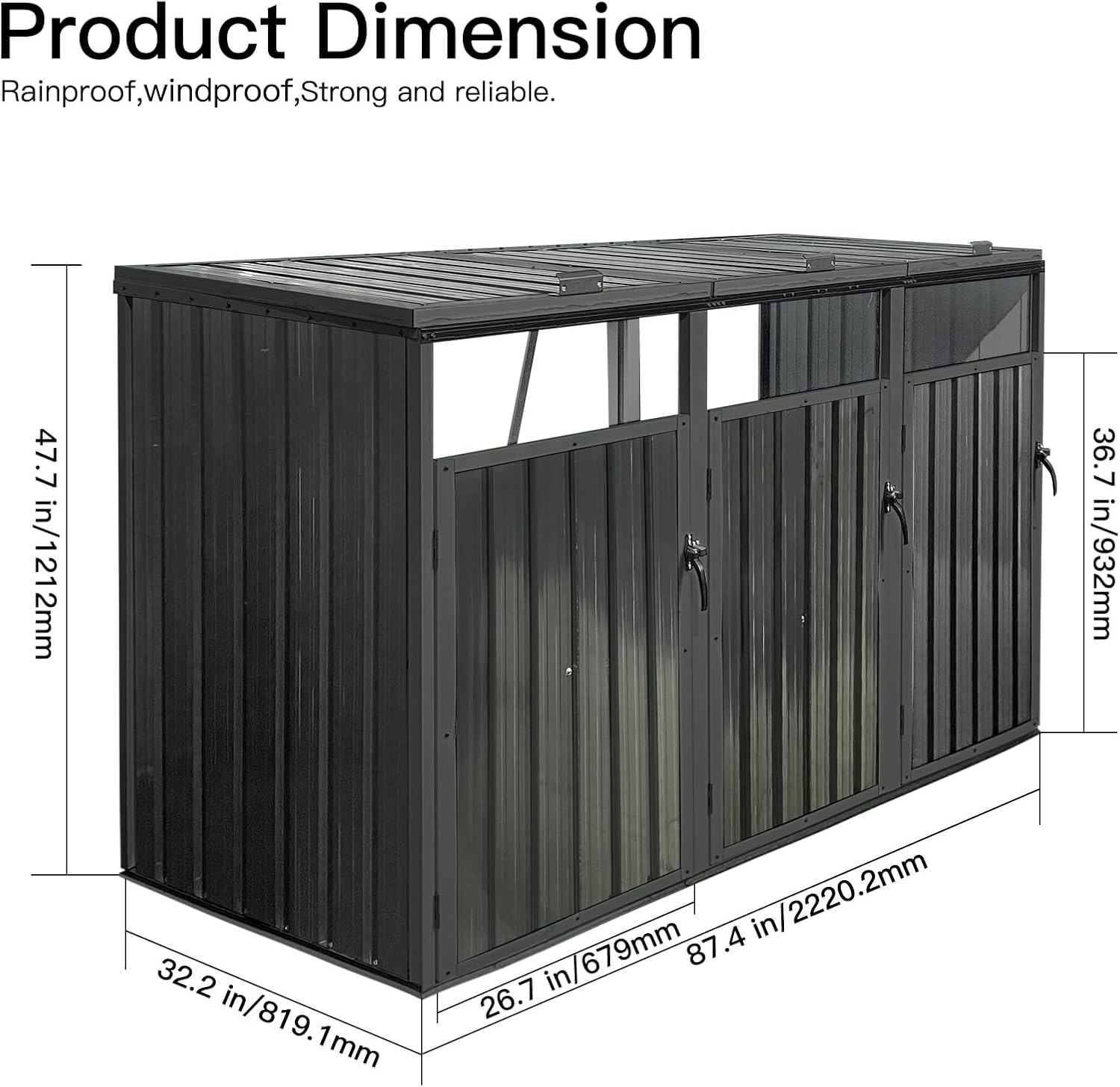 Garbage Can Storage Shed for 3 Trash Bins Outdoor Metal Bin Enclosure with Lockable Doors and Ventilation Weather-Resistant Steel Trash Can Hideaway with Lid and Spring Design for Patio Backyard Black