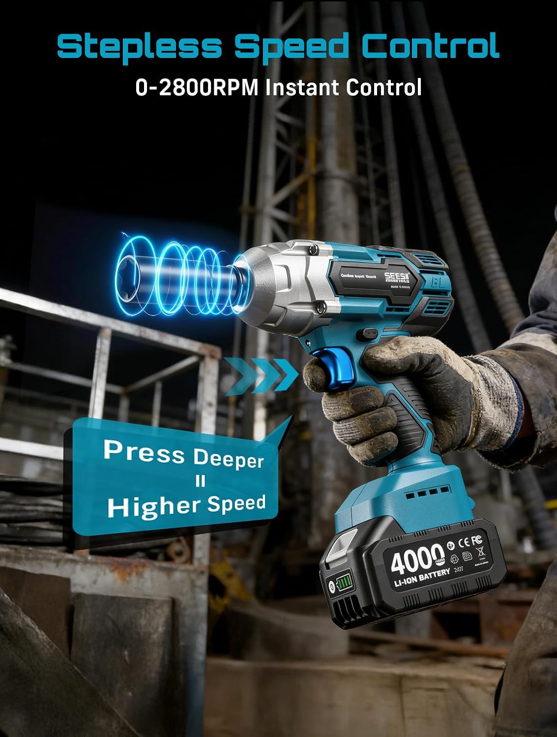 Seesii Cordless Impact Wrench 1/2 inch, High Torque 479 Ft-lbs(650Nm) Brushless Impact Gun,2500RPM w/2x4.0 Battery, 6 Sockets,8 Drill Bits, High Torque Power Impact Driver for Car Home,WH6 Lite