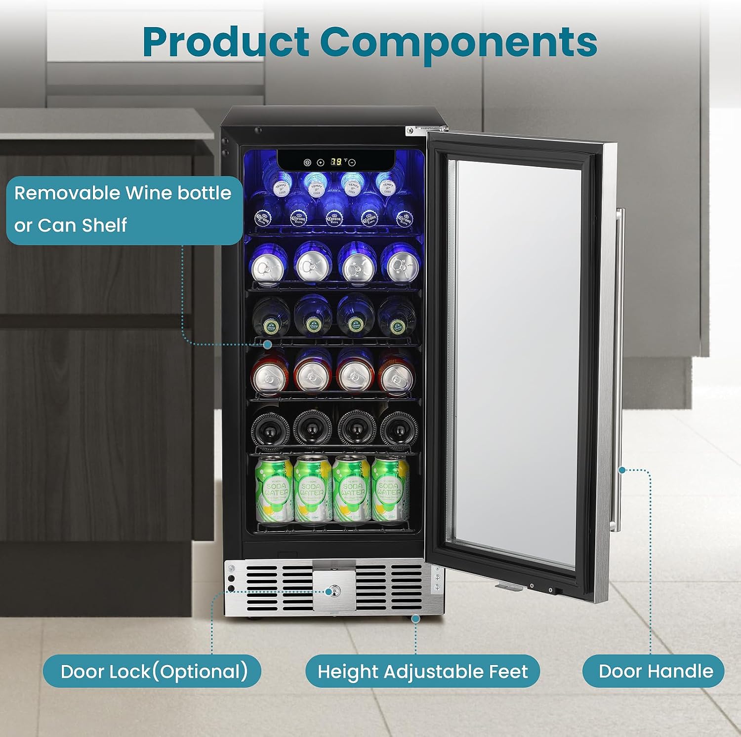 Antarctic Star 115 Can Beverage Refrigerator Cooler, 2.9 Cu.Ft Mini Fridge with Safety Lock, Beverage Cooler with Glass Door/LED Light/Adjustable Removable Shelves for Home/Office/Bar(Stainless Steel)