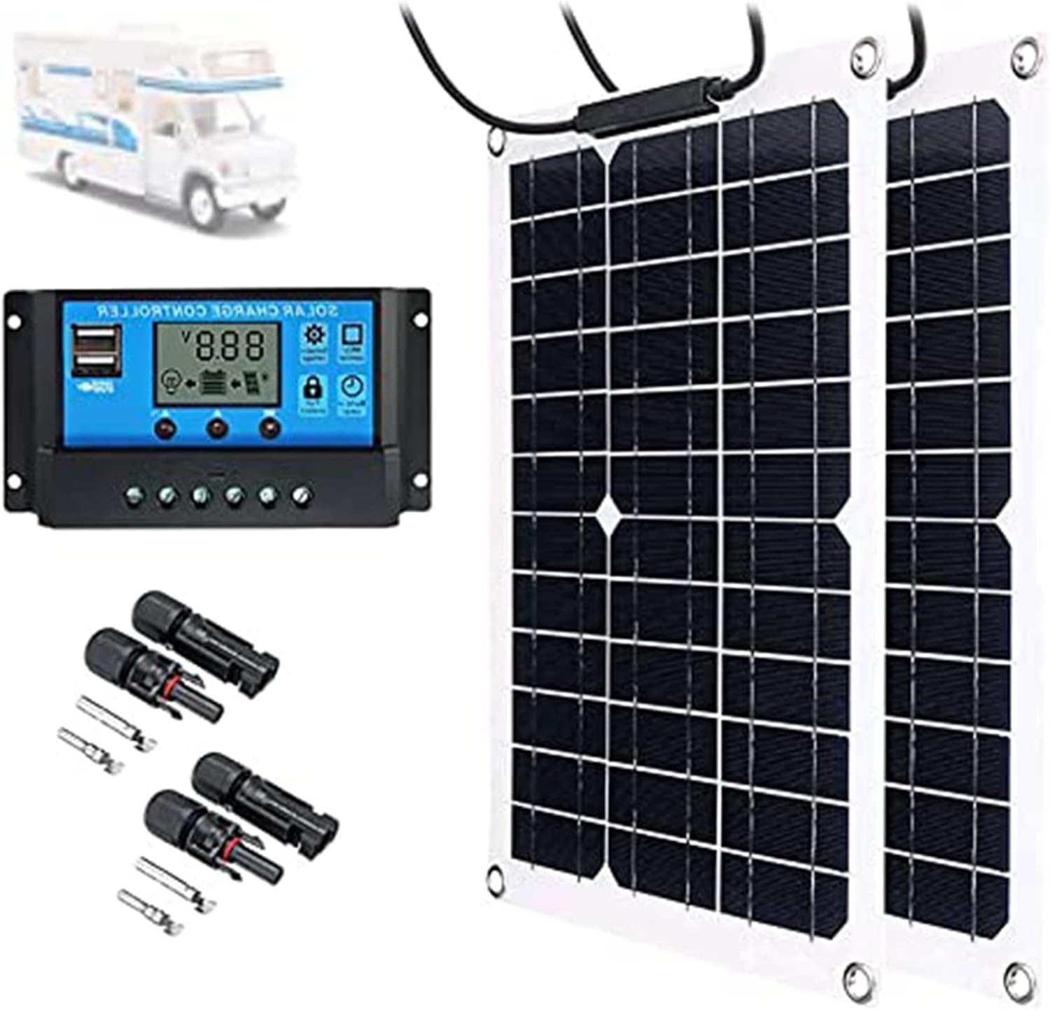 200W Portable Solar Panel Kit,2 * 100W Semi-Flexible Bendable Mono Off-Grid Solar Power Kit Charger Include Controller with USB Output Ports for RV Boat Cabin Van Car,40Acontroller