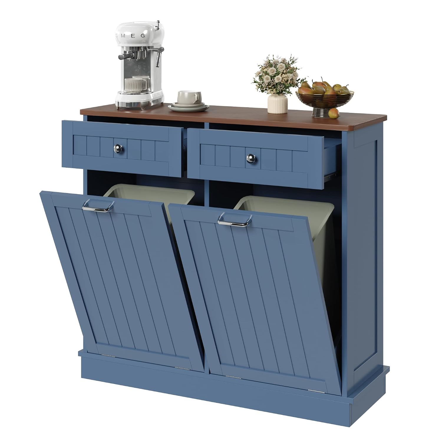 KIGOTY Double Tilt Out Trash Can Cabinet, 20 Gallon Hidden Trash Storage Cabinet with 2 Hideaway Drawers, Freestanding Trash Can for Kitchen, Wooden Laundry Hamper Cabinet, Pet Proof (Blue)