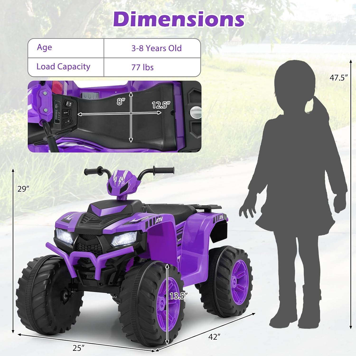 Costzon Kids ATV, 24V Four Wheeler Quad Ride on Car w/Forward/Backward, 2 Speeds, Wireless Connection, Music, Radio, LED Lights, Electric Vehicle Toddler 4 Wheeler for Kids, Boys & Girls 3-8 (Purple)