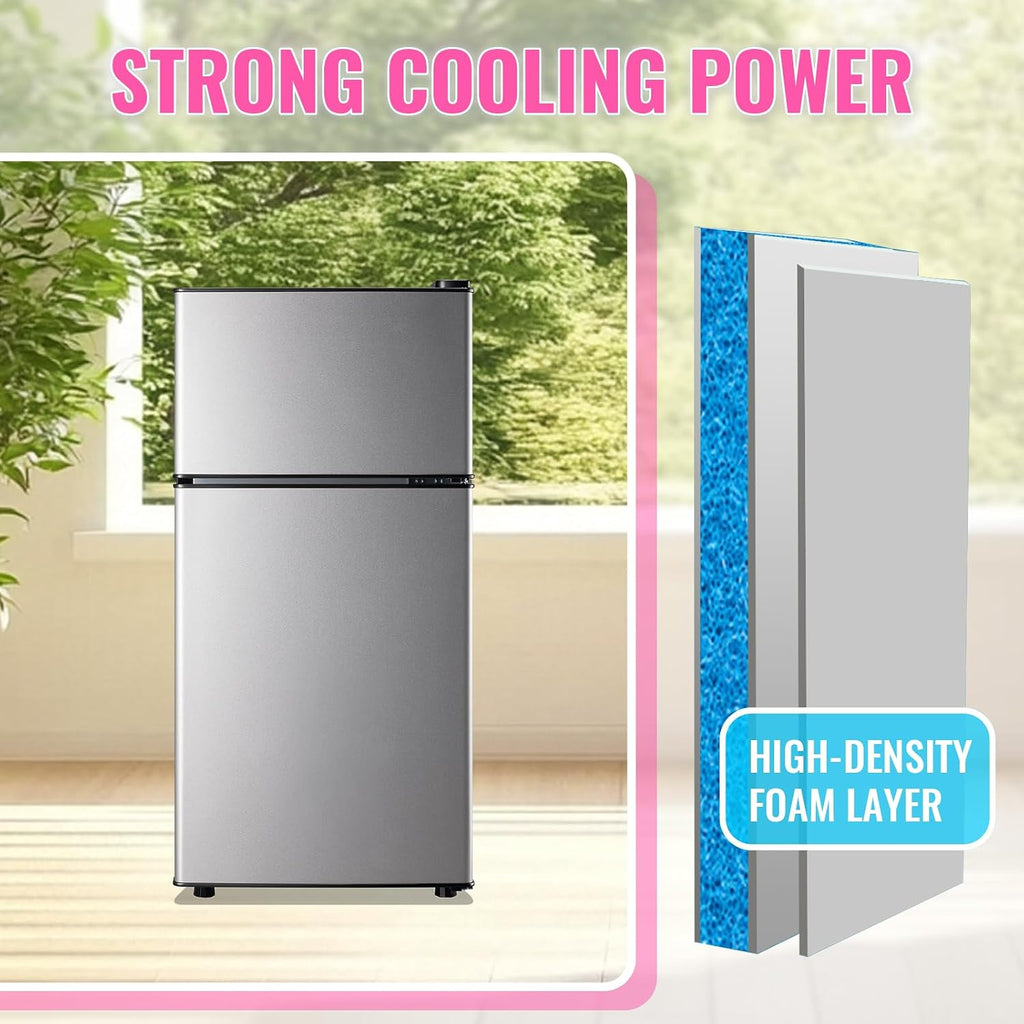 DEMULLER Retro Mini Fridge with Freezer Dual Door Apartment Size Small Refrigerator with Egg Tray, Dorm Mini Fridge with Removable Plastic Shelves, 2.4Cu.ft, 14.96' D x 14.57' W x 30.8' H, Silver