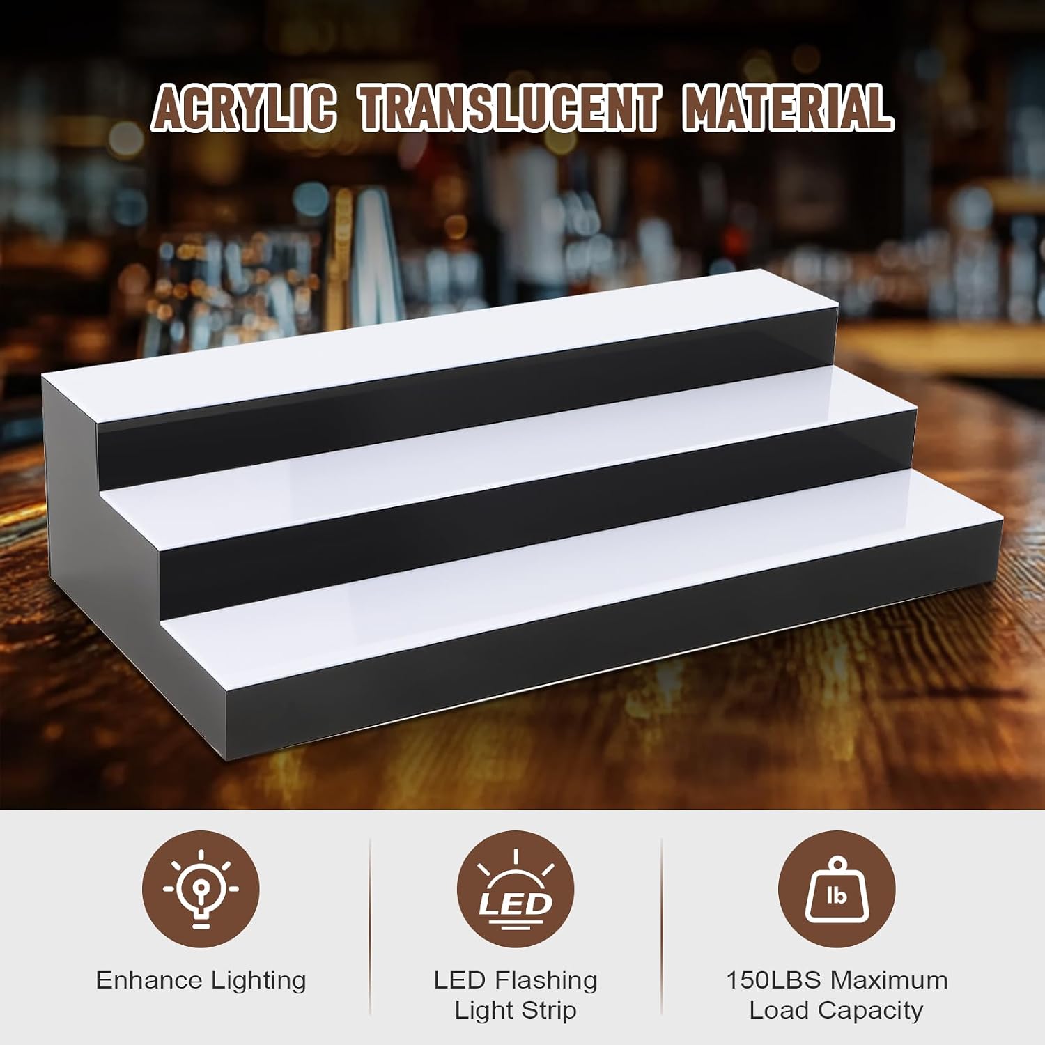 Dollate 3 Tiers 30 Inch LED Lighted Liquor Bottle Display, LED Tabletop Wine Shelves, Adjustable Lighting & Colors Liquor Storage Rack for Home Bar