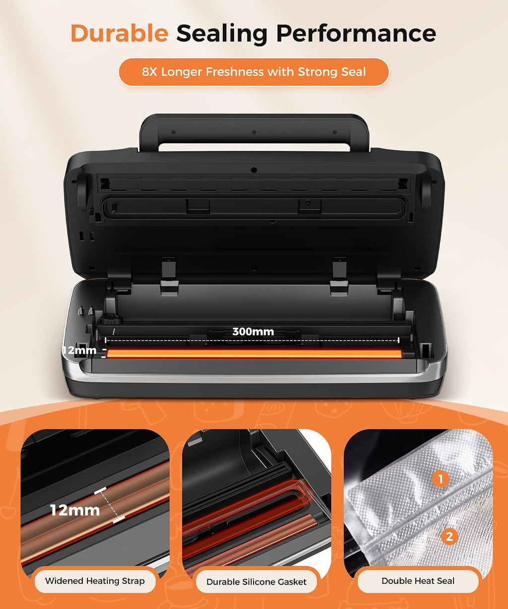 95kpa Vacuum Sealer Machine,Commercial Full Automatic Food Sealer,Powerful Sealing System with Double Heat Seal,Bags Storage, Easy-Lock Handle,Build-in Cutter,1 Bag Rolls and 10 Pre-cut Bags(Silver)