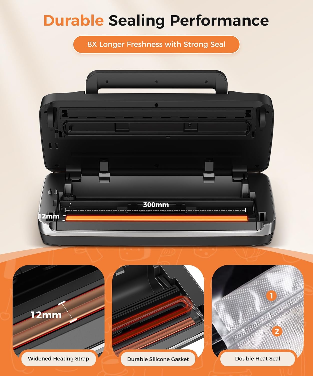 95kpa Vacuum Sealer Machine,Commercial Full Automatic Food Sealer,Powerful Sealing System with Double Heat Seal,Bags Storage, Easy-Lock Handle,Build-in Cutter,1 Bag Rolls and 10 Pre-cut Bags(Silver)
