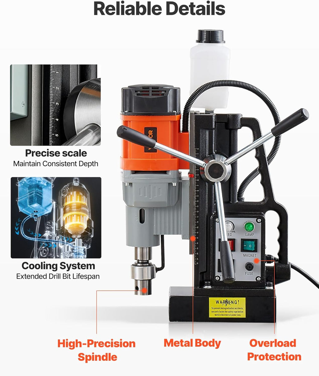 VEVOR Magnetic Drill Press, 1550 W, 2.4 in Boring Diameter, 2922 lbf Power Mag Drill Press, 0-600 RPM Adjustable Speed, Morse Taper, M3-M16 Tapping, for Metal Surface, Industrial and Home Improvement