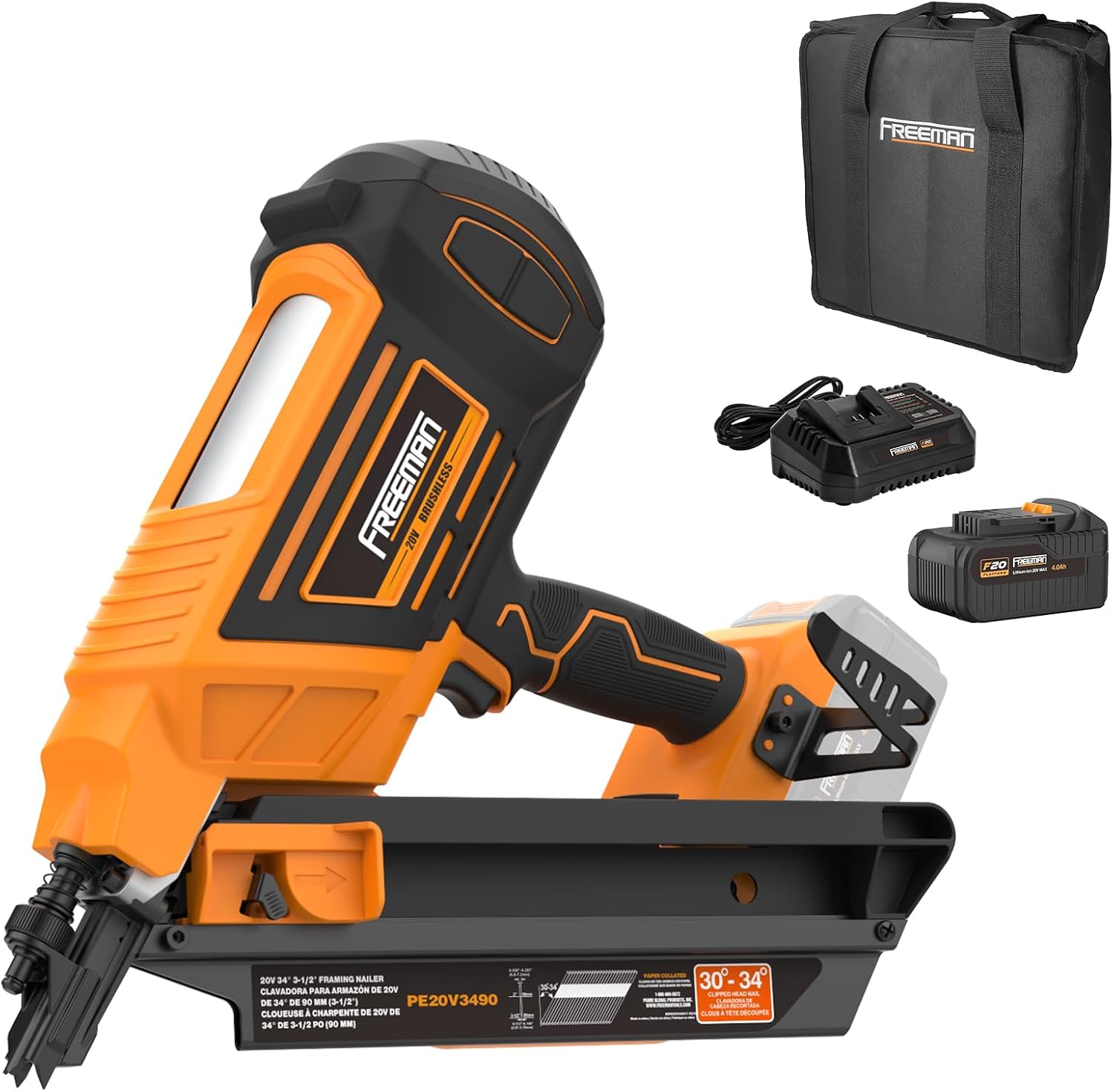 Freeman F20 20V Cordless Brushless Framing Nailer – 34-Degree, 3-1/2' Nails, Dual Mode, Depth Adjust, Includes 4.0Ah Lithium-Ion Battery, Charger, and Bag, PE20V3490