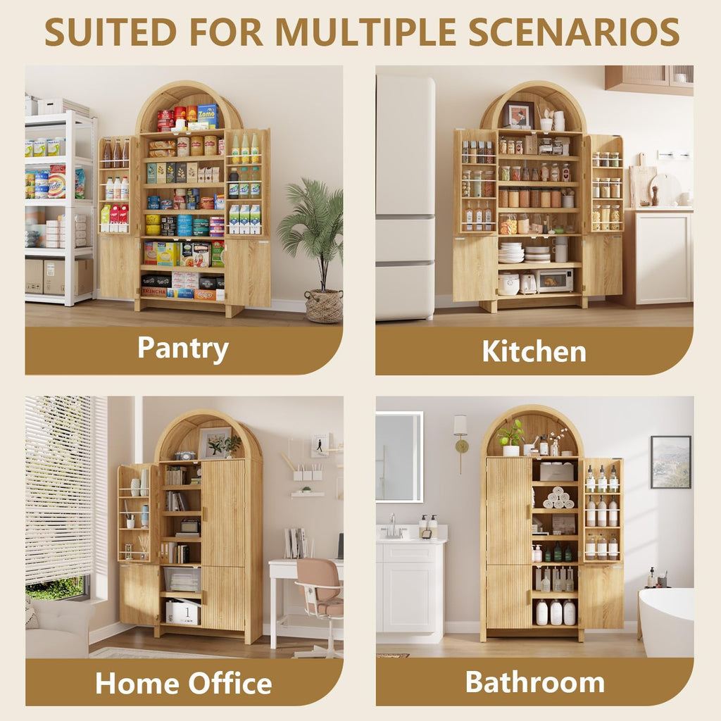 Arched Cabinet, 71' Tall Arched Kitchen Pantry Storage Cabinet with Doors, Modern Fluted Kitchen Storage Cabinet with Adjustable Shelves, Natural Cupboard for Kitchen, Dining Room, Bathroom