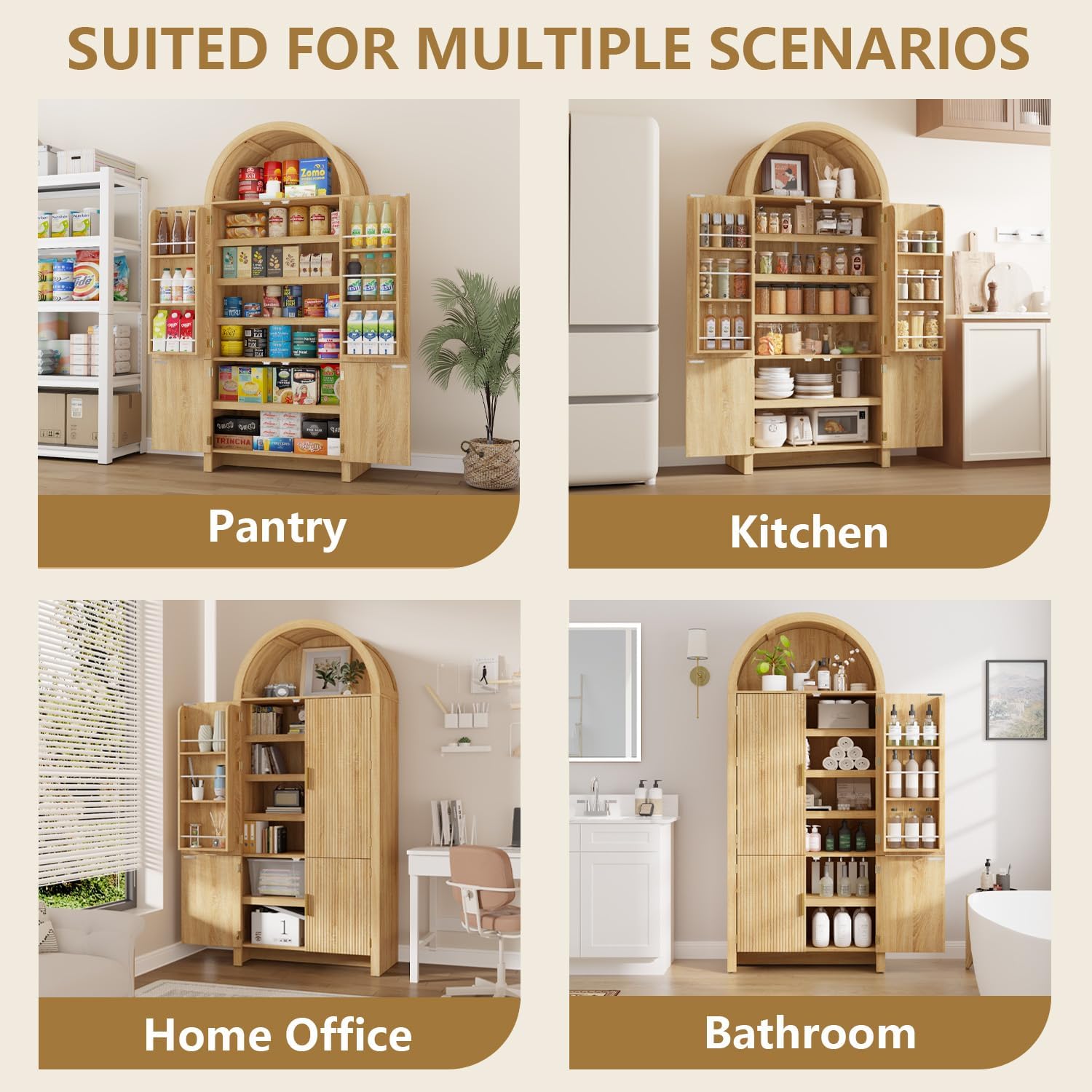 Arched Cabinet, 71' Tall Arched Kitchen Pantry Storage Cabinet with Doors, Modern Fluted Kitchen Storage Cabinet with Adjustable Shelves, Natural Cupboard for Kitchen, Dining Room, Bathroom