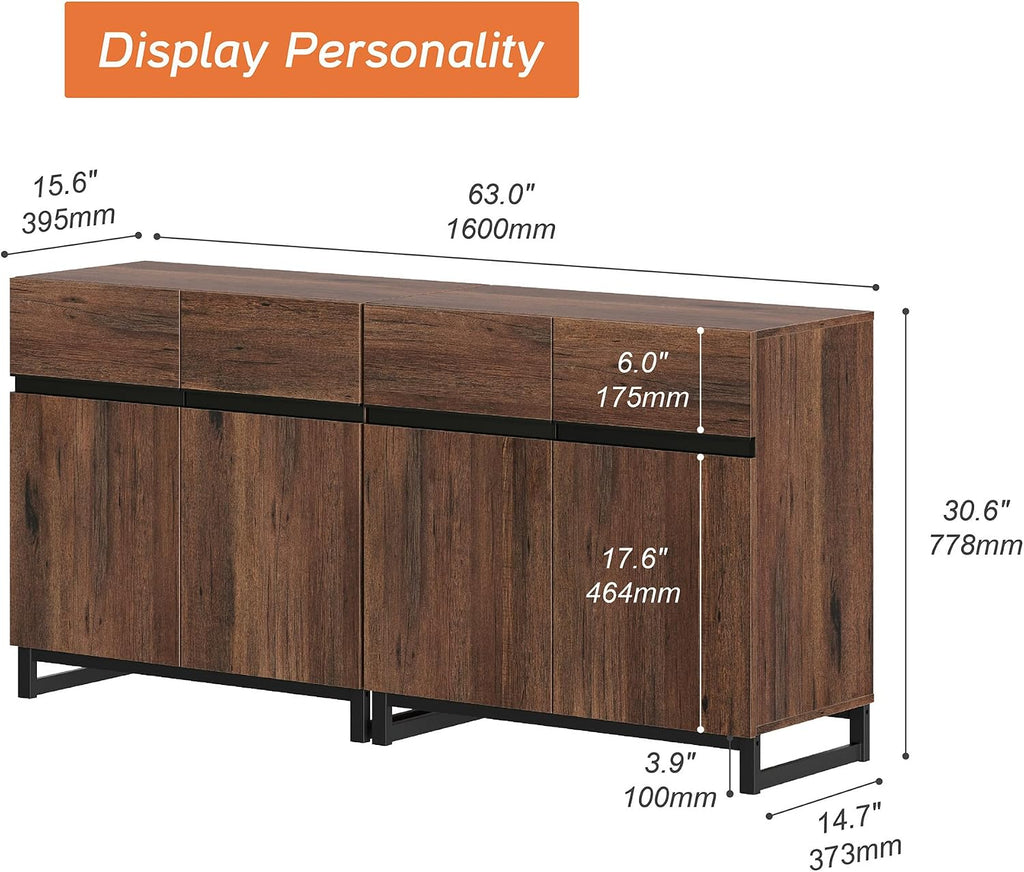 WAMPAT 2 in 1 Multifunctional Sideboard Buffet Cabinets, Modern Sideboard with Adjustable Shelf and Metal Base, Coffee Bar Cabinet Storage Cabinet for Living Room, Kitchen, Brown