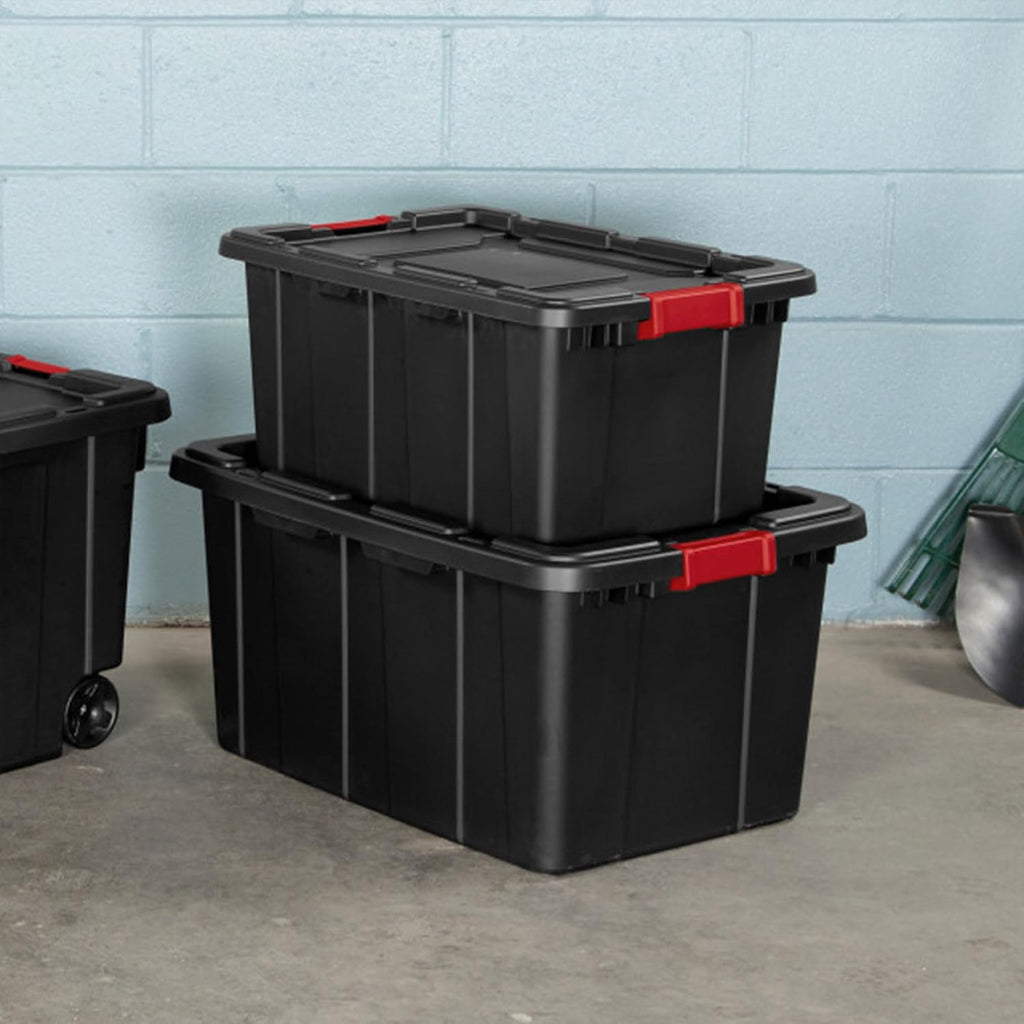 Sterilite 8-Pack Industrial Tote, Plastic Storage Bins with Lids, 27 Gallon, Black - Heavy-Duty Organizing Containers for Closet, Bathroom, and Office