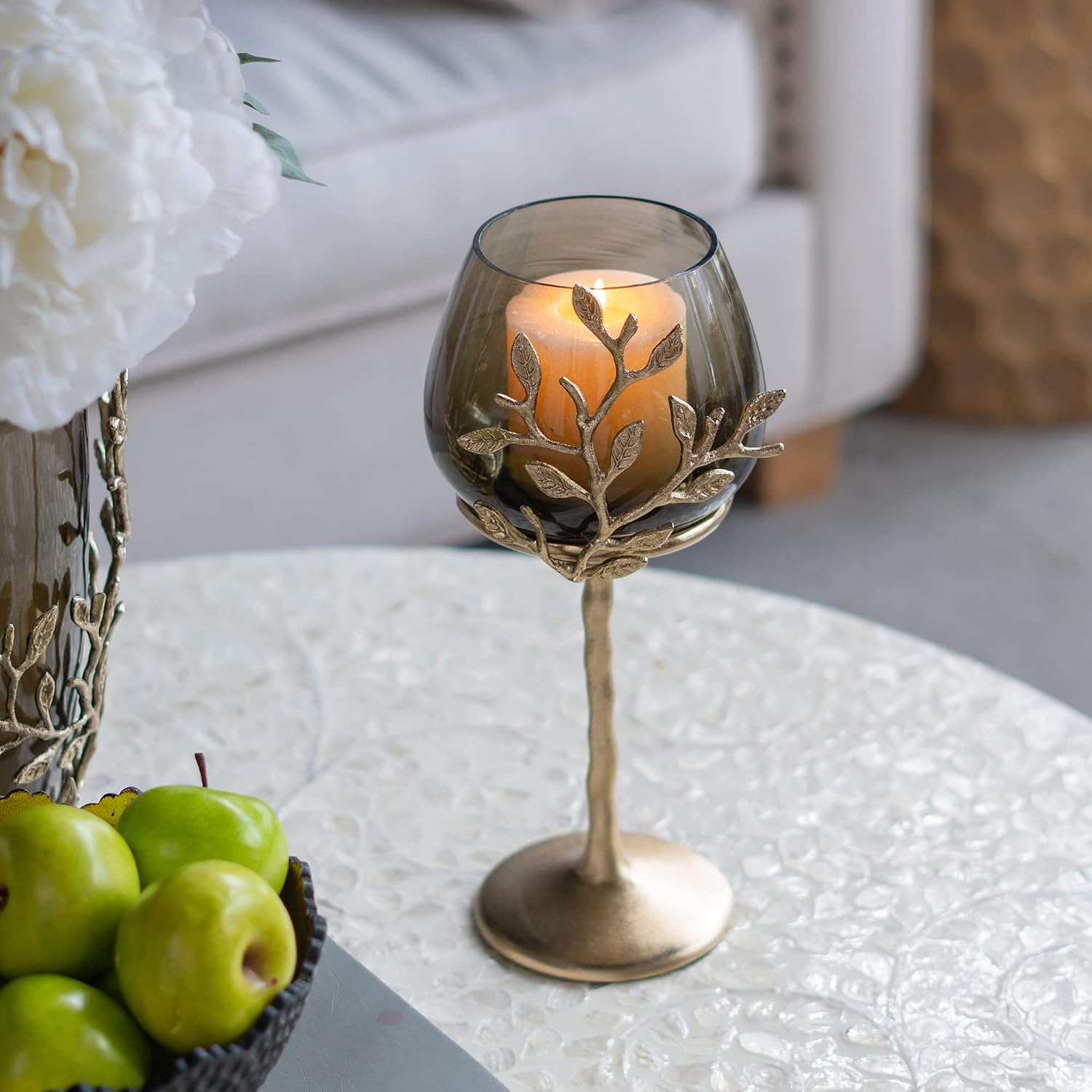 A&B Home Olive Branch Candle Holder - Glass Candle Holder with Gold Metal Base, Decorative Tabletop Lighting, Living Room Coffee Table Accent Piece Dining Table Centerpiece, 6' x 6' x 13'