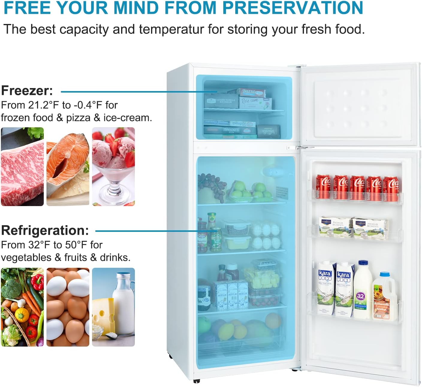 7.4 CU' Refrigerator with Freezer, Apartment Size Refrigerator Top Freezer, 2 Door Fridge with Adjustable Thermostat Control, Freestanding, Door Swing, White (FR 742 WH)