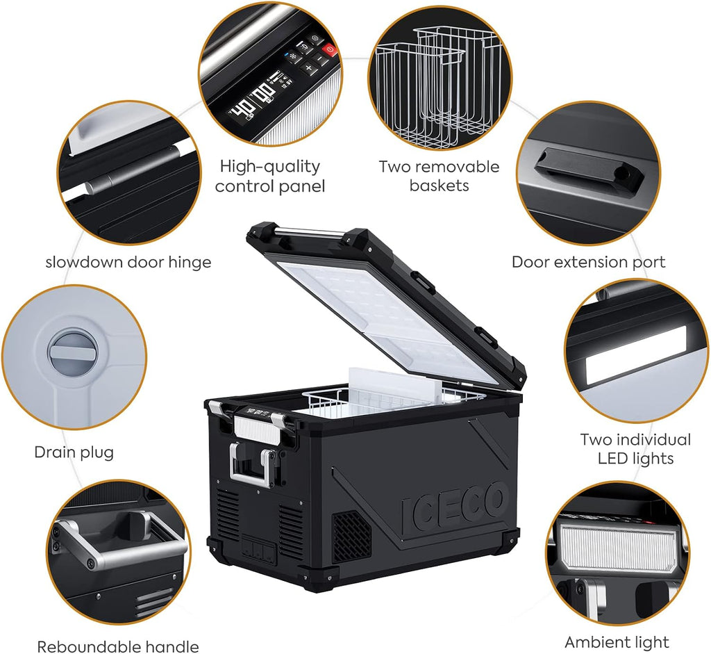 ICECO APL55 55Liter Portable Refrigerator and Freezer, Powered by AC/DC or Solar, Dual Zone Bluetooth Controlled 12v refrigerator, for Truck, Car and Home, -4℉~68℉, With 250Wh Magnetic Battery