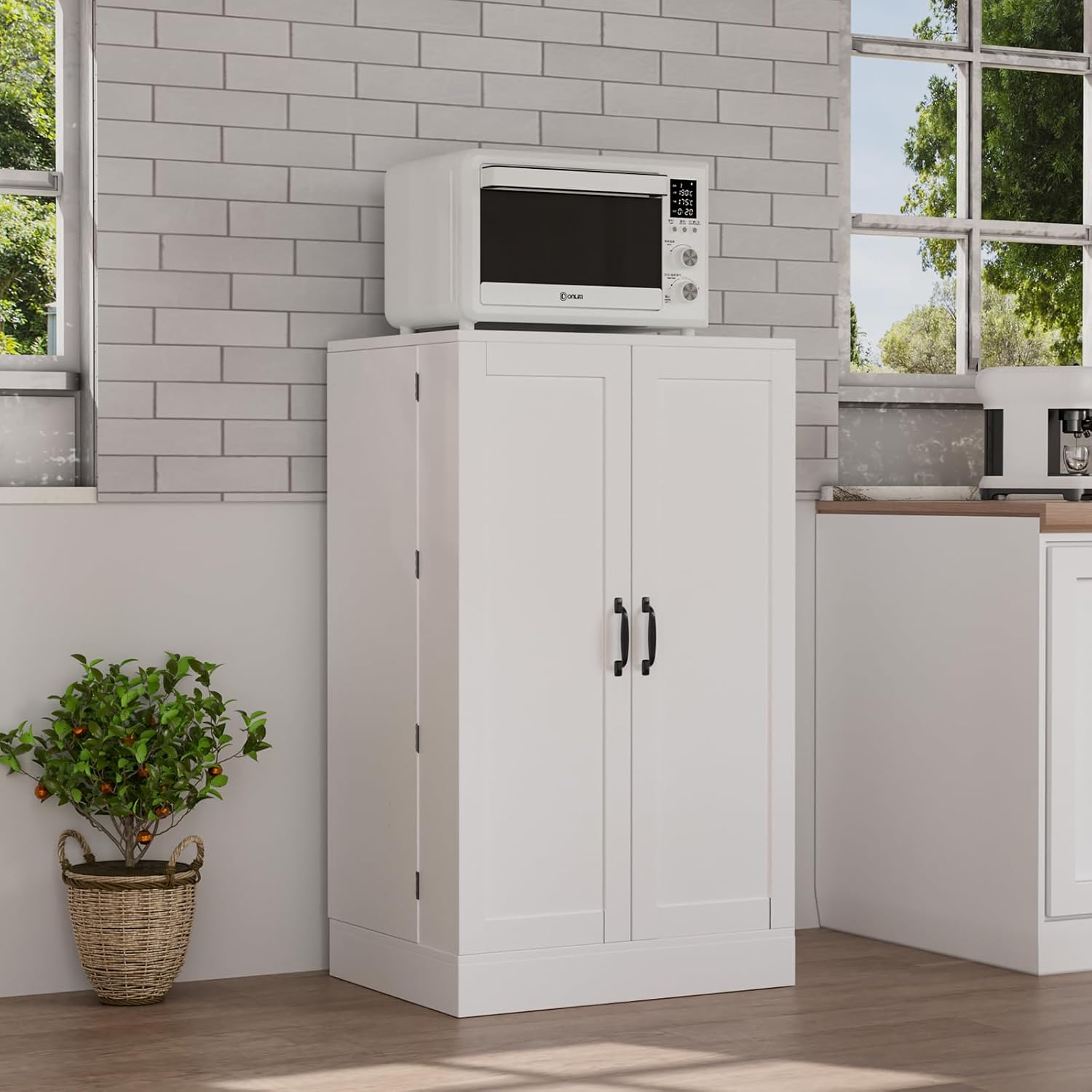 VINGLI Pantry Cabinet, White Kitchen Storage Cabinet with 2 Doors and Adjustable Shelves, 40.5' H Food Storage Freestanding Cupboard for Small Space in Dining Room, Living Room