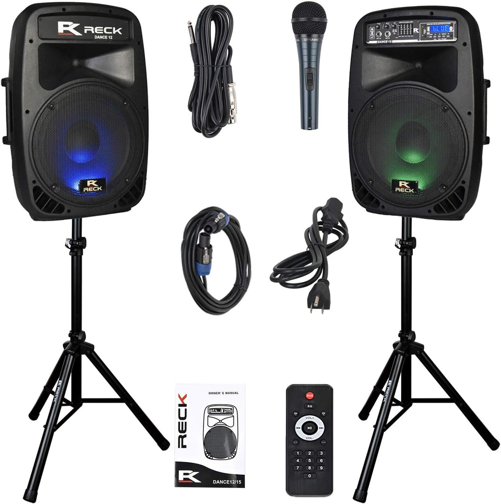 RECK DC 12 Portable 12-Inch 1000 Watts 2-Way Powered Dj/PA Speaker System Combo Set with Bluetooth/USB/SD Card Reader/FM Radio/Remote Control/Speaker Stand/Wired mic