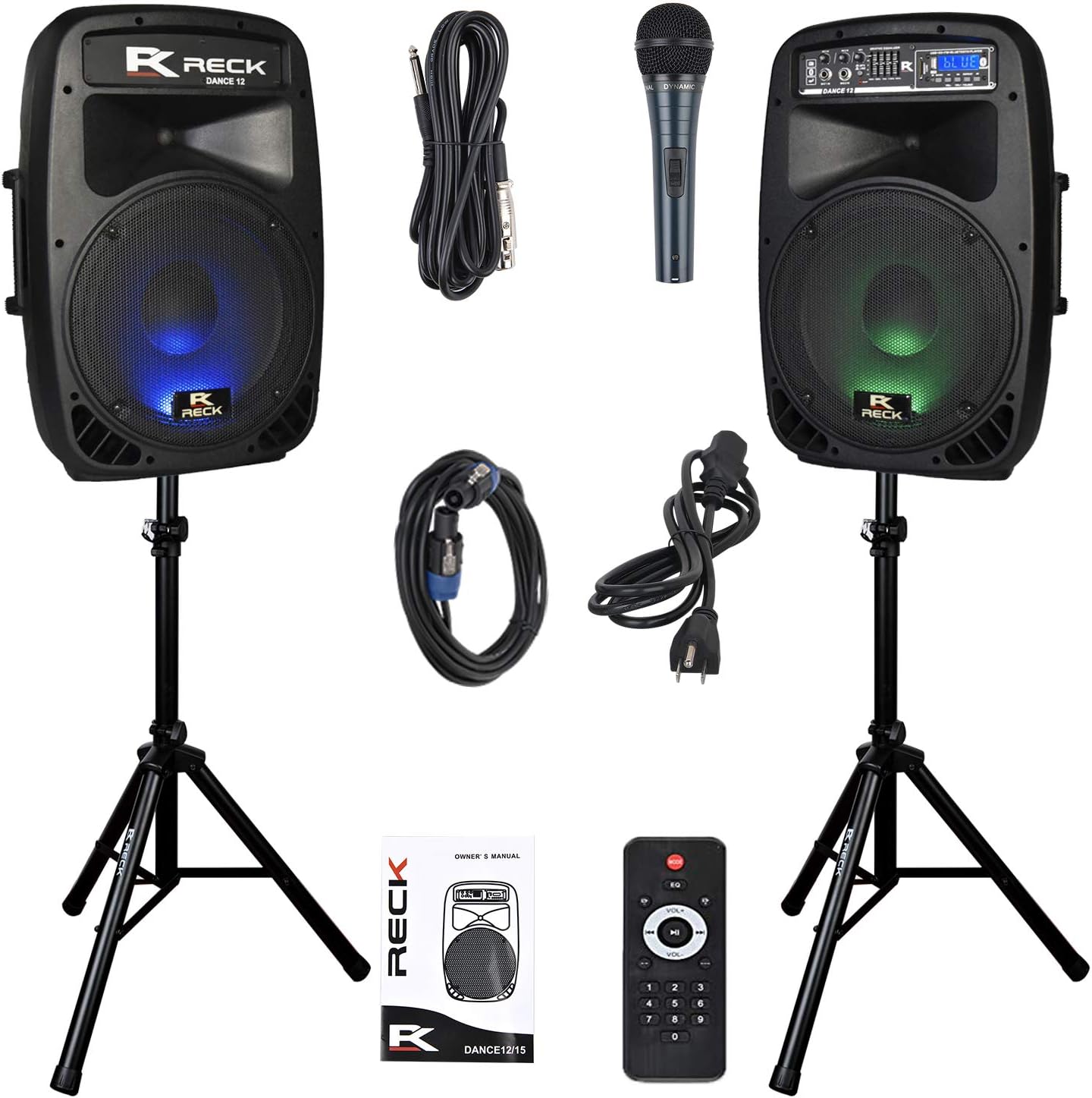 RECK DC 12 Portable 12-Inch 1000 Watts 2-Way Powered Dj/PA Speaker System Combo Set with Bluetooth/USB/SD Card Reader/FM Radio/Remote Control/Speaker Stand/Wired mic