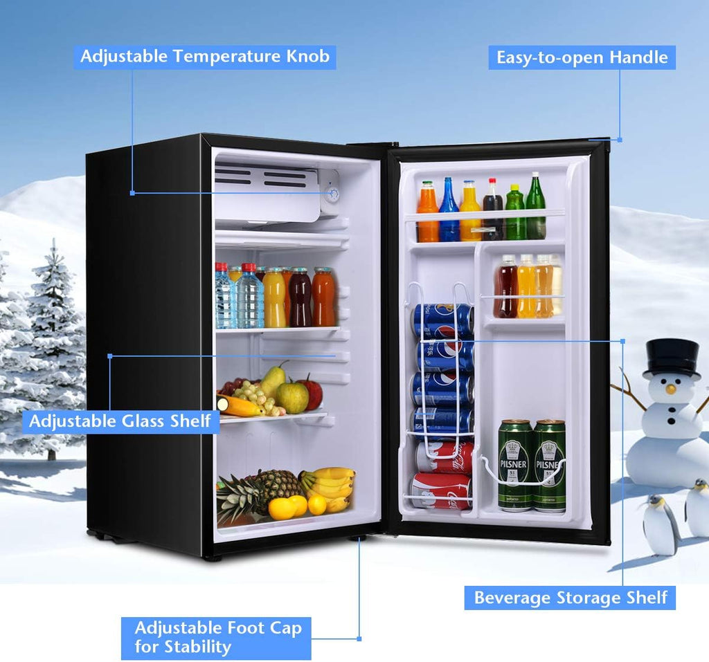 COSTWAY Compact Refrigerator, Single Door 3.2 CU.FT. Mini Fridge Compartment with Adjustable Thermostat and Removable Glass Shelves, Freezer Cooler Fridge for Dorm Apartment Office, Black