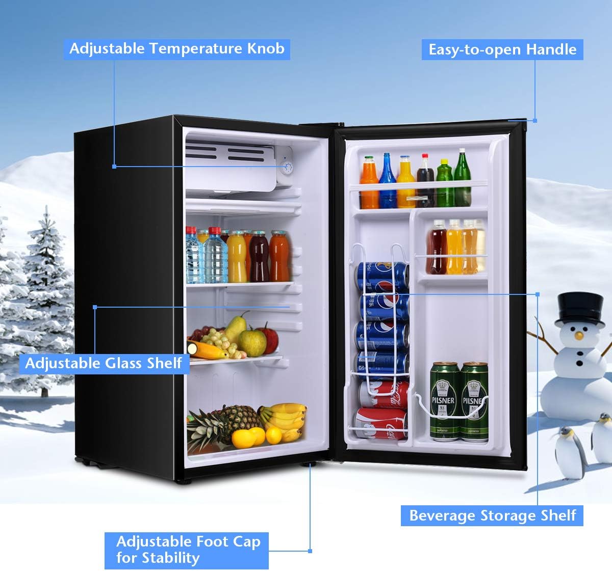 COSTWAY Compact Refrigerator, Single Door 3.2 CU.FT. Mini Fridge Compartment with Adjustable Thermostat and Removable Glass Shelves, Freezer Cooler Fridge for Dorm Apartment Office, Black