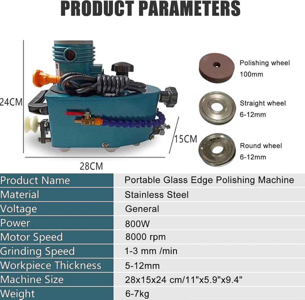 2025 New Electric Glass Edging Machine, 800W Portable Small Glass Edger with Diamond Wheels for Straight/Round Edge, DIY-Friendly & Water Cooling for Glass, Tile, Marble 6mm