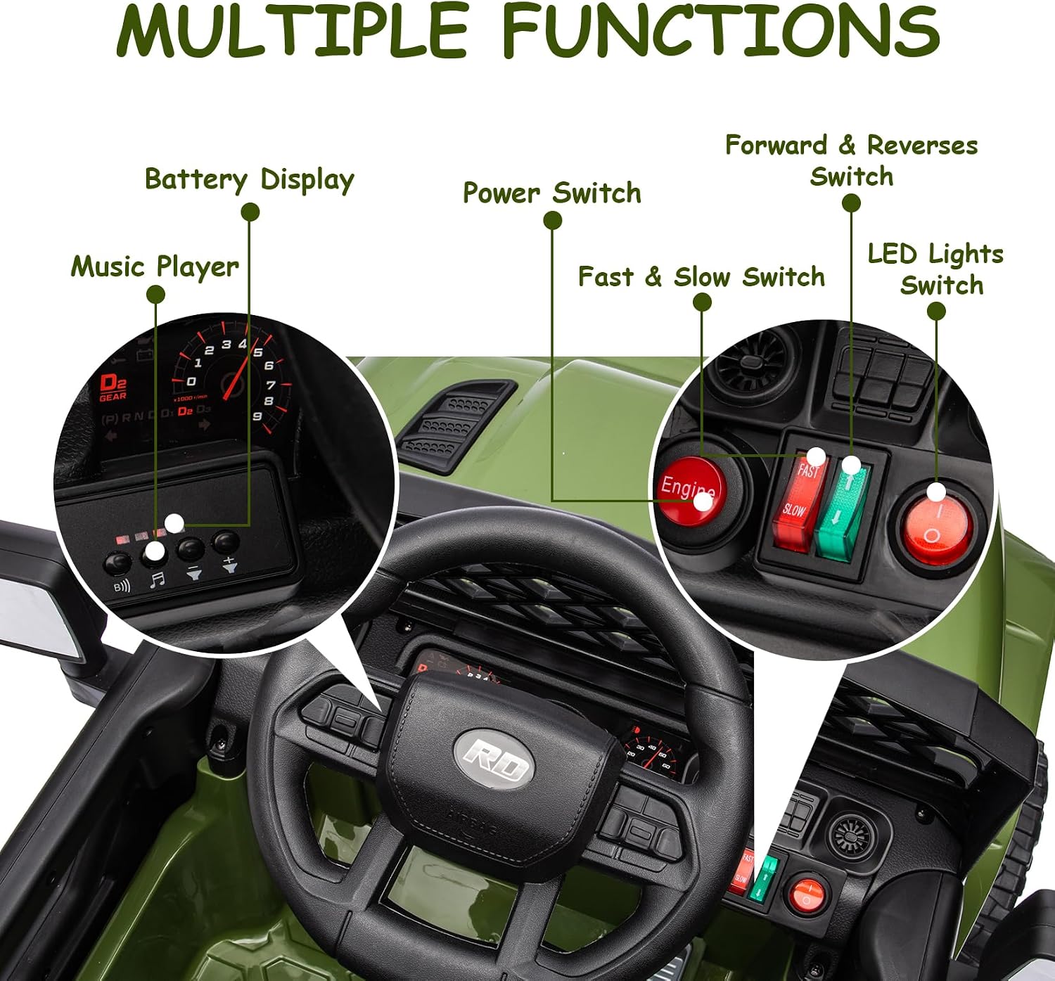 GarveeLife 12V Kids Ride On Truck Electric Vehicle Battery Powered Car Toddlers Ride On Toy for Boys Girls with Remote Control, 4-Wheel Suspension, Battery Display, LED Lights, Music, Army Green