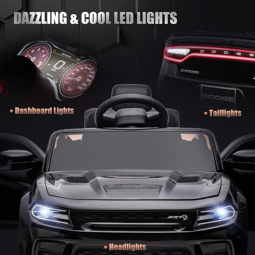 ENYOPRO 12V Electric Car for Toddlers & Kids, Licensed Dodge Charger SRT Hellcat Ride On Car, 7Ah Battery Powered Electric Vehicle w/Remote Control, Bluetooth, Music, 3 Speeds, LED Lights (Black)