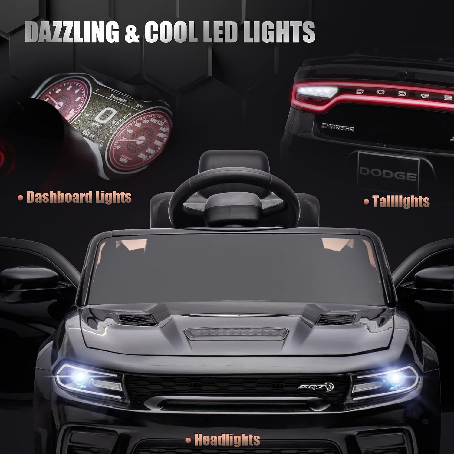 ENYOPRO 12V Electric Car for Toddlers & Kids, Licensed Dodge Charger SRT Hellcat Ride On Car, 7Ah Battery Powered Electric Vehicle w/Remote Control, Bluetooth, Music, 3 Speeds, LED Lights (Black)