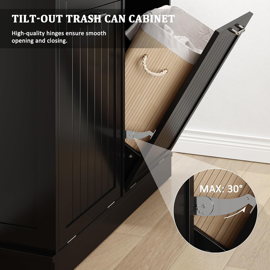 KIGOTY Double Tilt Out Trash Can Cabinet, 20 Gallon Hidden Trash Storage Cabinet with 2 Hideaway Drawers, Freestanding Trash Can for Kitchen, Wooden Laundry Hamper Cabinet, Pet Proof (Black)