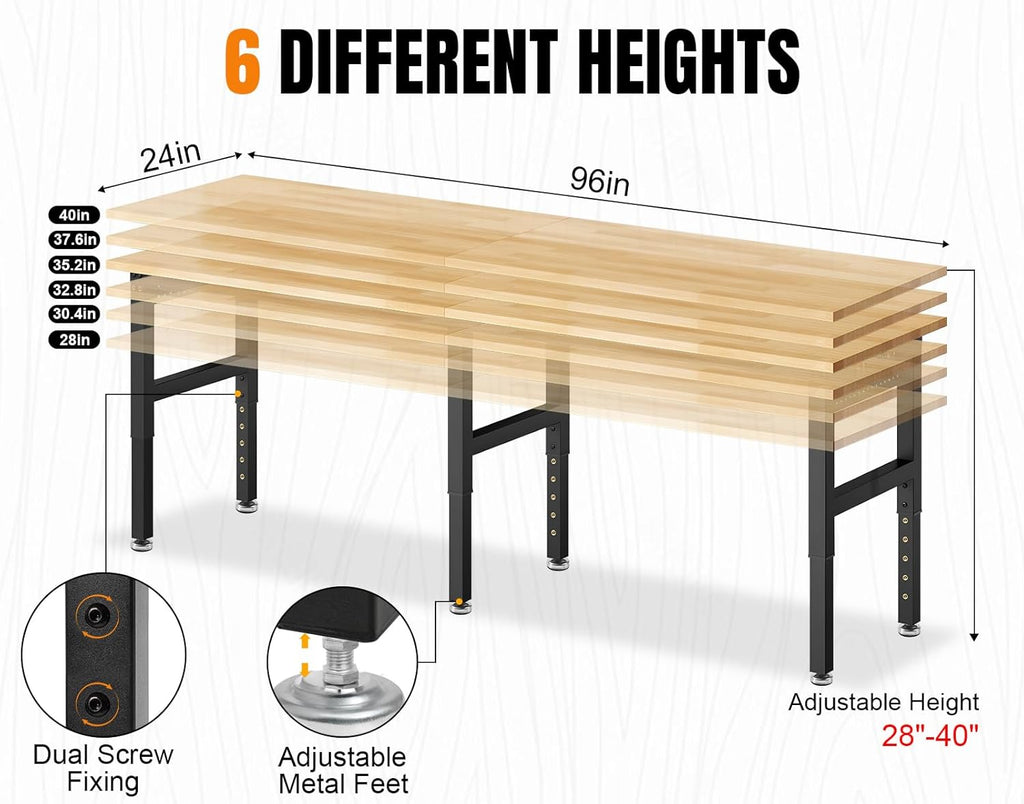 96'Adjustable Work Bench, 5000 LBS Capacity Heavy Duty Workbench with Power Outlet & Pegboard, Rubber Wood Work Table for Garage, Workshop, Office, Home