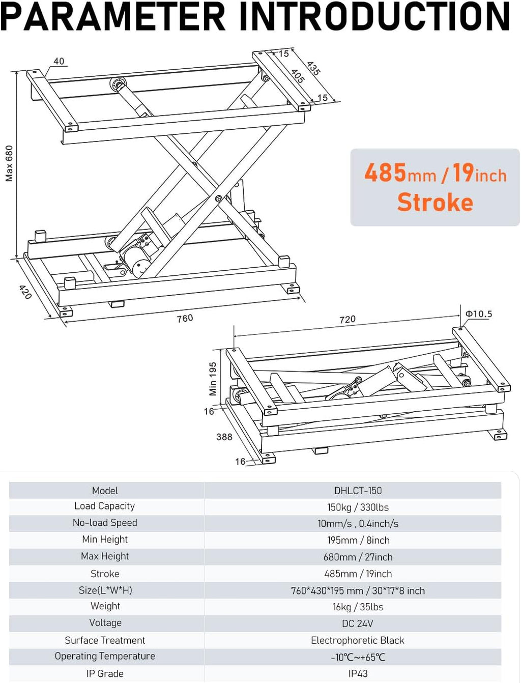 DIHOOL Electric Scissor Lift Table, 350Lbs Capacity, 7.68'-26.77' Height Adjustable Lifting Platform, Super Quiet with Remote & WiFi Control, Obstruction Detection, AC/DC Power for Home/Industrial Use