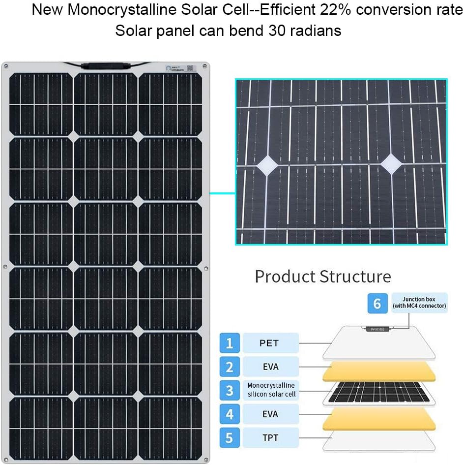 XINPUGUANG Flexible Solar Panel 6pcs 100W 12V Monocrystalline 600W Solar Kit 50A Charge Controller Extension Cable Battery Cable Off-Grid for RV Boat Cabin Tent Car (600W-1)